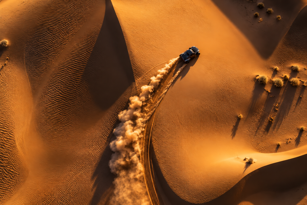 Coche de rally entre las dunas de Arabia Saudí durante el Dakar
