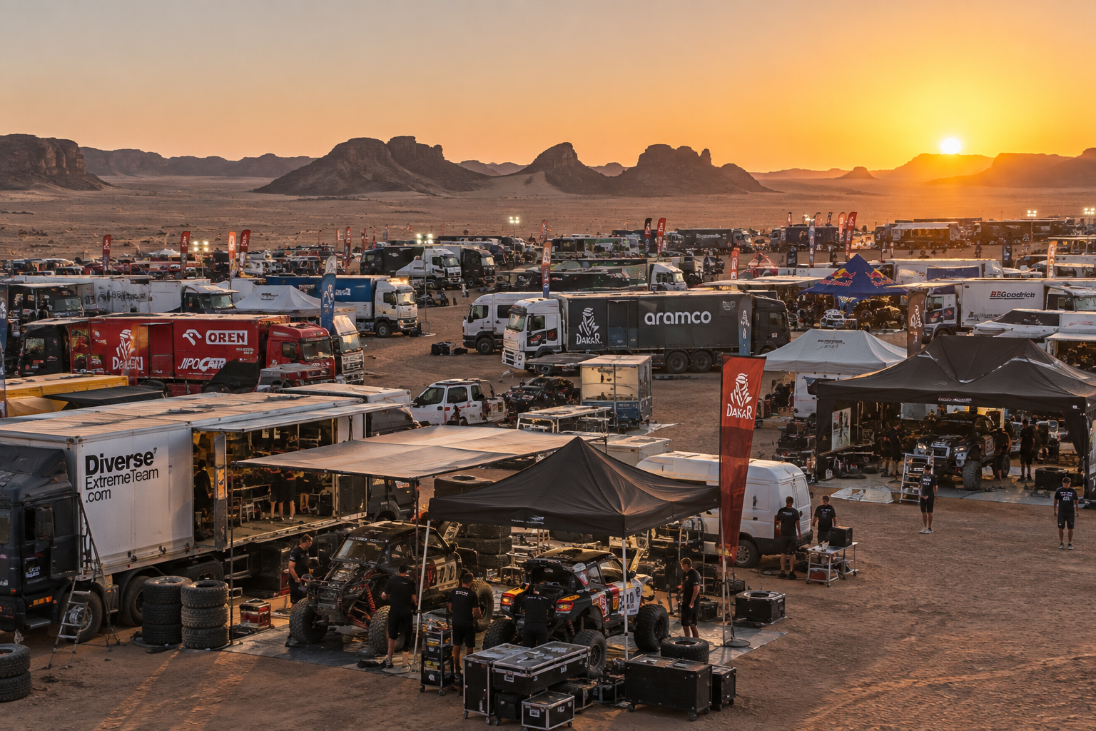 Vivac del Dakar con equipos, vehículos y mecánicos en Arabia Saudí